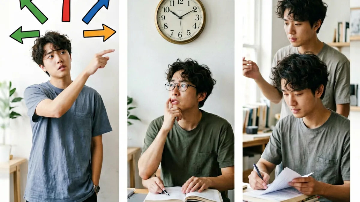 新手在入门我爱搞过程中常见的三个错误场景示意，包括方向发散、拖延准备和把忙碌误当进展
